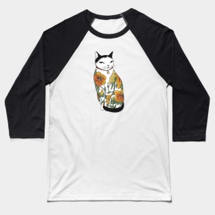 Cat in Tiger Flower Tattoo Baseball T-Shirt